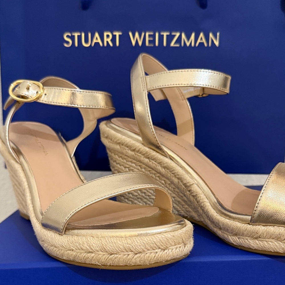 Stuart Weitzman Metallic Gold Wedge Sandals